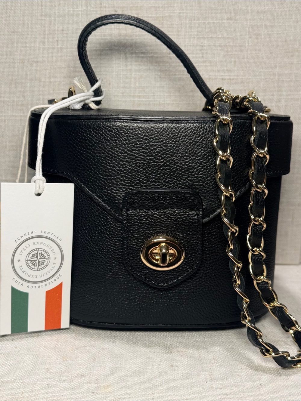 Viola Castellani Made in Italy Black Pebbled Leather Cylinder Chain Bucket Bag